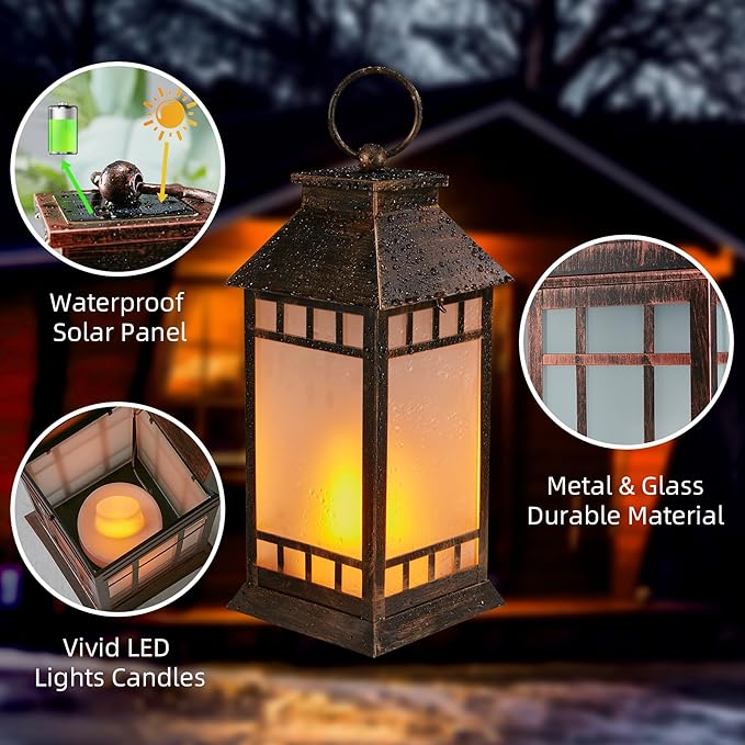 18'' Glass Solar Lantern Outdoor Waterproof, Large Hanging Solar Lanterns with Flickering Flame Lights, Metal Outdoor Lantern Decorative for Patio Garden Backyard Tabletop, Vintage Bronze