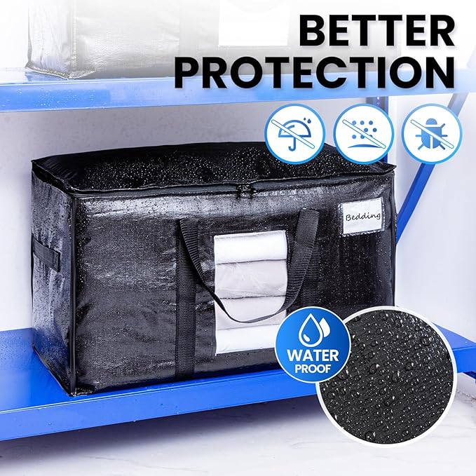 TAILI Extra Large Moving Bags, 4 Pack Black Heavy Duty Totes For Storage with Visible Window, Wrap Around Handles, Storage Bags for Space Saving, Alternative to Moving Boxes