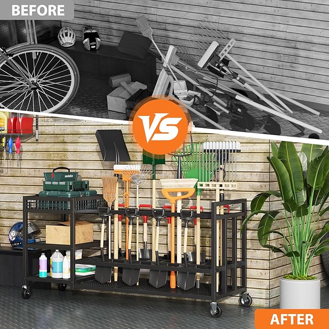 Garden Tool Organizer with Wheels-Movable Garden Tool Rack with Storage Hooks for Long-Handled Tools/Rakes/Brooms/Shovels,Heavy Duty Metal Garden Tool Storage for Garage,Shed,Garden,Black