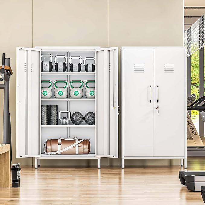 47" Metal Storage Locker, Lockable Employees Metal Locker with 2 Door and Adjustable Shelves, Steel Locker for Home, School, Office, Gym (White)