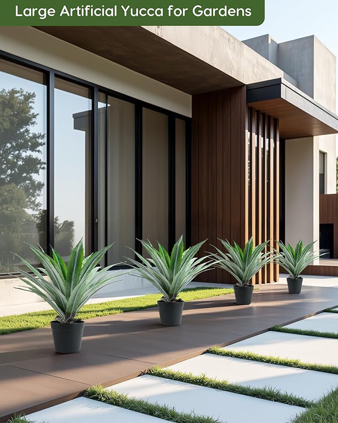 Velener Artificial Agave Plant in Black Pot with Real Stone Pebbles, Large Fake Agave Plants with Green Serrated Leaves, Faux Yucca for Indoor and Outdoor Decor-27 Inches Tall, 29 Leaves