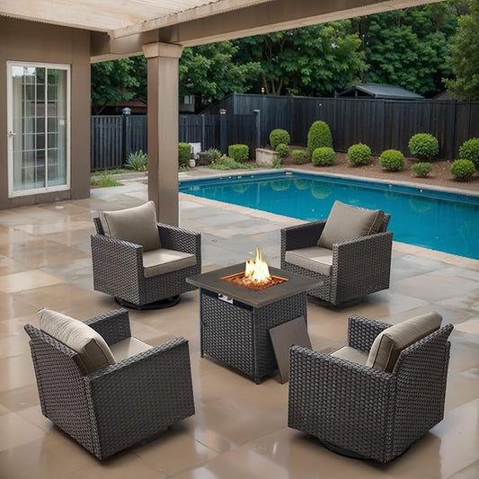 Outdoor Swivel Rocker Chairs Set of 4 with Fire Pit Table - 5 Peice Wicker Patio Furniture Set Conversation Set with 50,000 BTU Fire Pit for Deck Backyard - Brown Wicker Grey Cushion