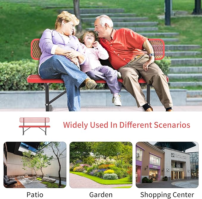 Heavy Duty Park Bench with Back Portable Frame, Outdoor Steel Bench with Backrest, Red Metal Bench Seat Expanded Metal Mesh Bench for Lawn, Park, Deck, Garden, Patio, Porch, Black (Red, 6FT)