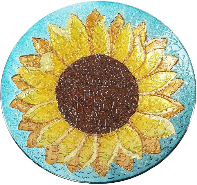 Glass Bird Bath Garden Hand Painted With Crushed Glass Bowl - Large Wild Bird Feeder for Garden, Yard, Patio, Lawn Decor - 18 x 2 x 18 Inches, 64oz