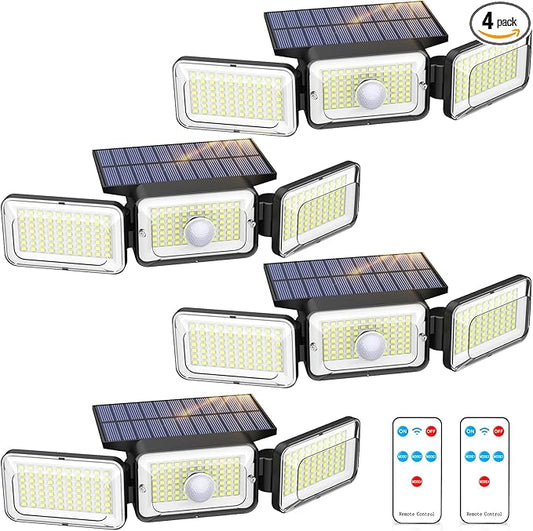Solar Lights Outdoor Waterproof, Motion Sensor & Flood Outdoor Lights with Remote Control, 4 Adjustable Modes, 3000LM & 218 LED, High-Energy-Density Solar Panel-Monocrystalline Technology, 4 Pack