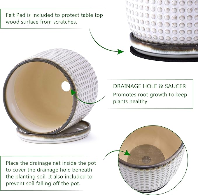 D'vine Dev 6 Inch Ceramic Beaded Stoneware Planter Pot - Flower Pot with Drainage Holes and Saucers for Indoor Succulent Plants or Flowers, Smoked White, 27-C-X-1