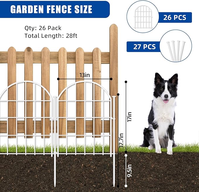 26 Pack Decorative Garden Fence, 17in X 28ft Arched No Dig Fence Border, Garden Edging Border, Rustproof Metal Animal Barrier with Ground Stake for Dog, Rabbit, Outdoor Yard Patio Decor, White