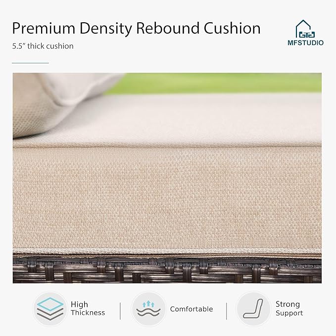 MFSTUDIO 7 PCS Outdoor Patio Furniture Set, Metal Outdoor Conversation Set, Rattan Wicker Patio Sectional with 2 x Fixed and Rocking Single Sofa, 3-Seat Sofa, 2 x Ottoman, Beige