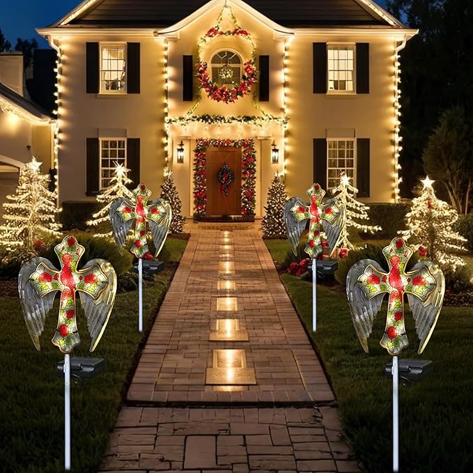 YJFWAL Cardinal Bird&Rose Cross Garden Stake Light, Solar Glass Cross for Cemetery Grave, Jesus Cross Angel Wings Sympathy Memorial Gifts, Halloween Christmas Garden Lawn Yard Patio Decor