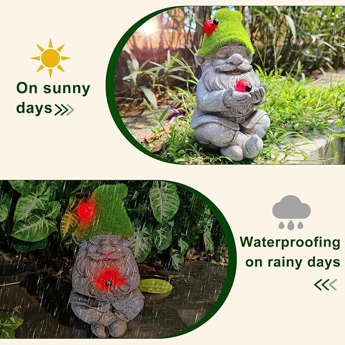 Solar Gnomes Garden Statues, Outdoor Lighted Gnome with Ladybugs Garden Decor Waterproof Figurines for Patio Porch Balcony Yard Lawn Lantern, Yard Art Decorations Gifts for Garden Patio Lawn