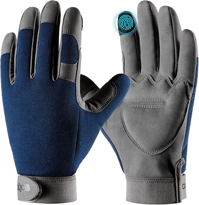 COOLJOB Thorn Proof Garden Gloves with Touchscreen Fingers for Men, Rose Pruning Work Gloves with Palm Cushion for Gardener, Farmer and Landscaper (Navy 1 Pair Medium)