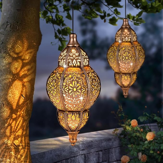 Solar Lanterns Outdoor Waterproof, Hanging Solar Lantern Garden Decor, Metal Moroccan Decorative Solar Garden Lights for Yard, Patio, Lawn, Porch, Unique Housewarming Gifts, Copper