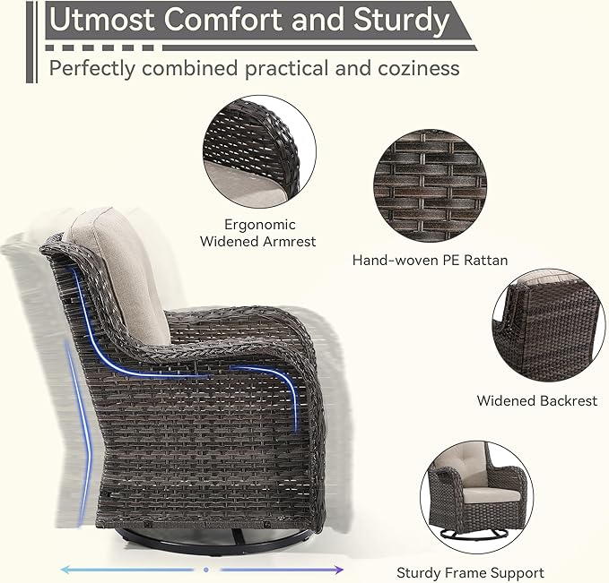 Outdoor Swivel Rocker Patio Chair - Outdoor Wicker Patio Glider Chair with Olefin Fabric Cushions Suitable for Backyard Deck and Porch, Beige