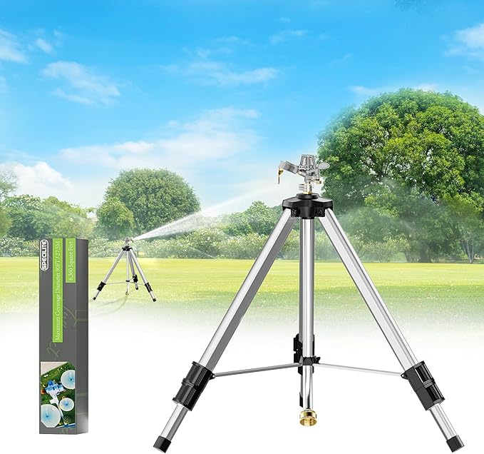 Brass Impact Sprinkler on Tripod Base, 50” Heavy Duty Metal Pulsating Telescoping Sprinkler, 360 Degree Irrigation for Large Area, Yard, Lawn, Waters up to 90ft, Covering up to 6360sqft
