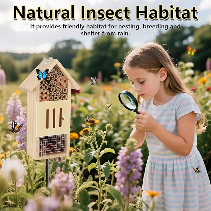 Wooden Insect House, Bee House with Metal Stake for Gardens, Insect Hotel & Butterfly Hotel on The Ground or Hanging on Tree Wall, Natural Insect Habitat for Bee, Butterfly, Ladybirds, Bugs
