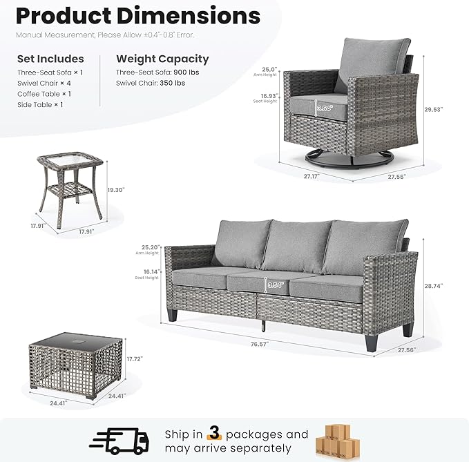 ovios 8 Pieces Patio Furniture Set with Swivel Chairs Rocking Gliders, Outdoor Sofa Couch with Solar Lights Table Comfy Cushions, Modern Deep Seat Wicker Rattan Conversation Set, Dark Grey