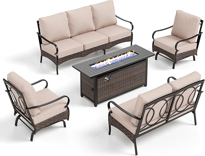 Patio Furniture Set with 56" Fire Pit Table, Premium Outdoor Wicker Metal Frame Furniture with Upgraded Waterproof Thick Cushions for Porch, Poolside, Deck, and Yard