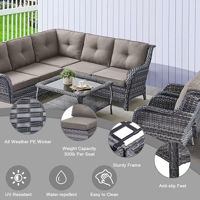 HUMMUH 8 Piece Patio Furniture PE Wikcer Outdoor Furniture Set with Sectional Sofa Swivel Patio Chairs Ottomans and Glass Coffee Table for Yard,Garden,Lawn