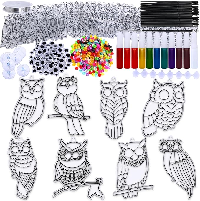 Winlyn 24 Sets Owl Suncatchers Ornaments Decorations DIY Window Paint Art Suncatchers Owl Craft Kits Sun Catchers for Kids Home Classroom Winter Holiday Season Fall Christmas Activities Party Favors