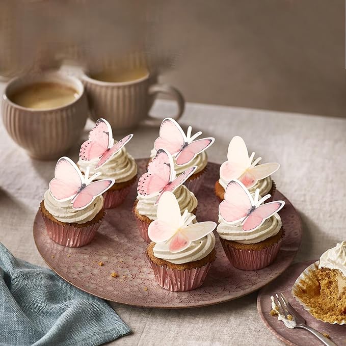 60 PCS Butterfly Cupcake Toppers Edible Butterfly Cake Decorations Edible Butterflies Cupcake Picks for Butterflies Theme Baby Shower Happy Birthday Party Cake Decoration Supllies Pink