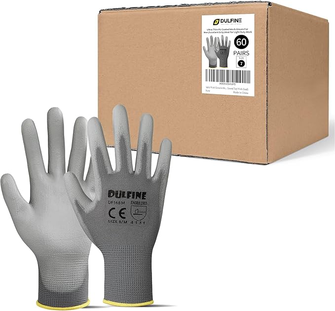DULFINE Men's Large Grey 60 Pairs Safety Work Gloves with Thin Polyurethane Coating for General Light to Medium Duty Tasks