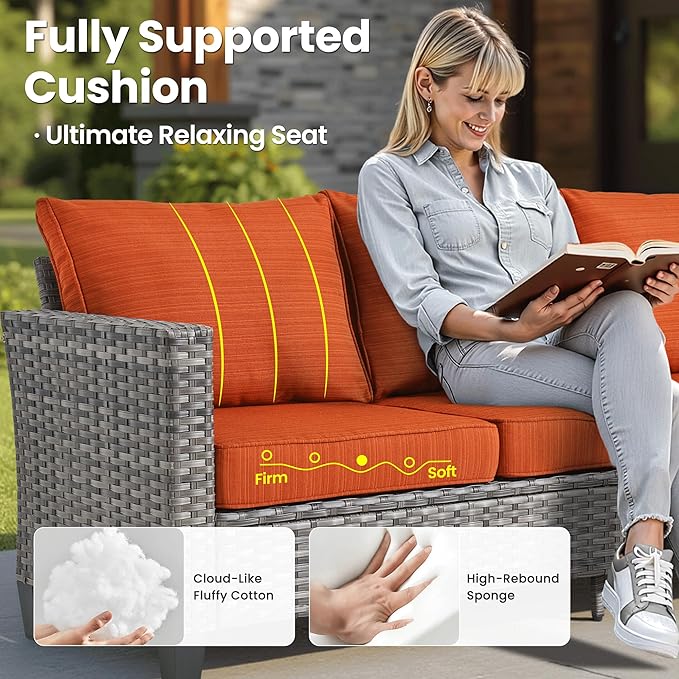 ovios 8 Pieces Patio Furniture Set with Swivel Chairs Rocking Gliders, Outdoor Sofa Couch with Solar Lights Table Comfy Cushions, Modern Deep Seat Wicker Rattan Conversation Set, Orange Red