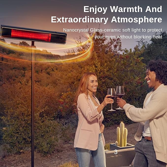 EAST OAK 1500W Electric Patio Heater, Indoor/Outdoor Standing Heater with Nano Glass-Ceramic, Fast Heat, Waterproof, 3 Modes, 24H Timer, Safety Tip-Over & Overheat Protection