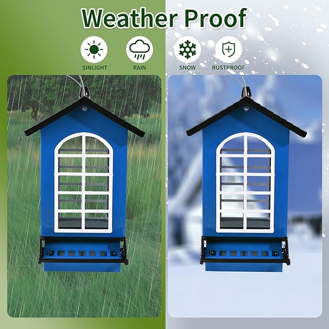 Bird Feeder Squirrel Proof Metal Hanging for Outdoor Wild Bird Seed, 5LBS with Bilateral Weight-Activated Perches, Heavy Duty Bird Feeders for Outside Wild Bird - Blue