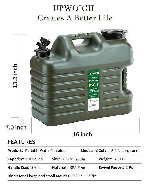 UPWOIGH 5 Gallon Water Jug, Camping Water Container, Truly No Leakage Water Storage with Spigot, Large Military Green Water Tank,BPA Free Portable Overlanding Gear for Outdoors,Hiking