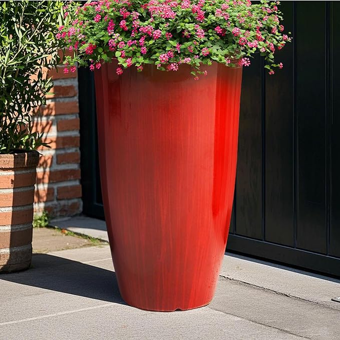 Worth Garden 23.5" H. Large Plastic Planters - Set of 2 Gradient Red Glossy Smooth Finish - Tall Plant Pots for Indoor & Outdoor Use - Decorative Lightweight Flower Pots for Front Porch, Patio, Deck