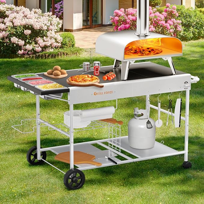 Pizza Oven Table with Topping Station, Outdoor Pizza Oven Cart, Grill Table for Outside, Grill Cart, Food Prep Work cart Fits for Ninja Woodfire Grill, Blackstone Griddle,Tabletop Grill
