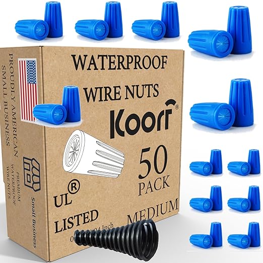 UL LISTED Waterproof Wire Nuts MEDIUM Outdoor 50/Box Landscape Wire Connector Electrical Nuts Caps for Sprinkler LED Light Irrigation Valves (50, 1.37 x 0.66 Inch) (Blue)