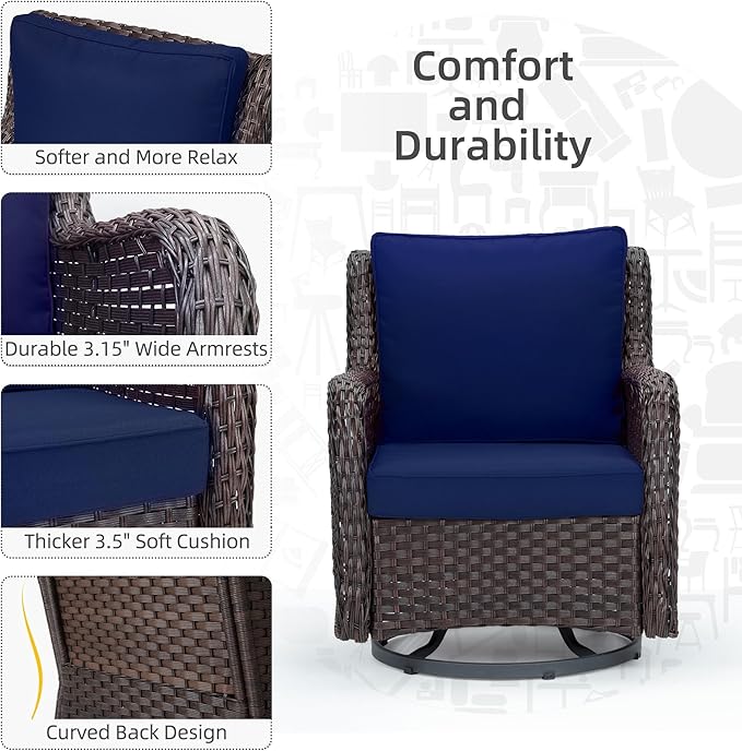 Towallmark Outdoor Swivel Wicker Glider Patio Chairs with Table Set, 3 Pieces Outdoor Bistro Set with 4”Thick Cushions and Coffee Table for Porch, Balcony, Deck (Blue)