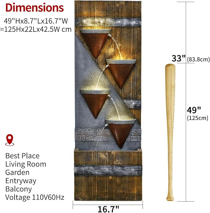 49.21" Outdoor Garden Water Fountain with Lights Floor-Standing 4 Tiers Cascading Large Waterfall Fountain for Patio, Backyard, Deck, Porch and Home Art Decor