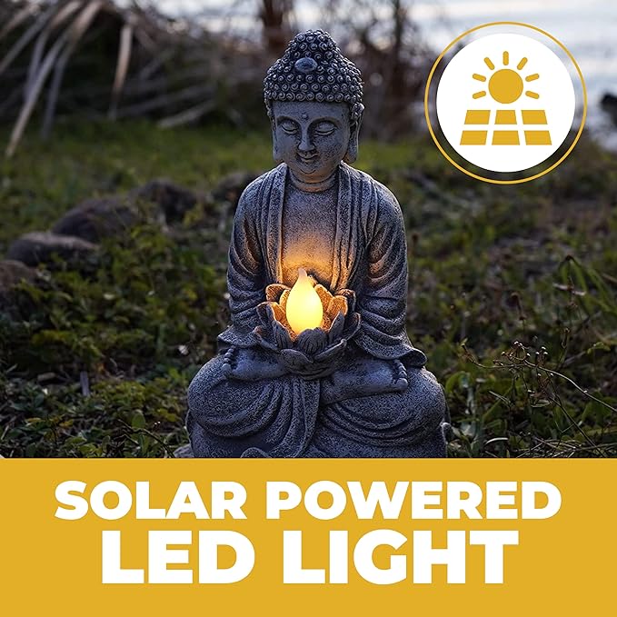 VP Home Buddha Statue for Home and Outdoor Decor, Solar Powered Flickering LED Garden Light, Zen Meditation, Spiritual Room Decor (Zen Buddha)