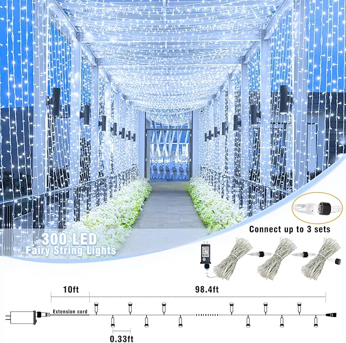 99ft 300 LED String Lights Indoor - White Christmas Lights Outdoor Waterproof Clear Wire, 8 Modes Connectable Twinkle Fairy String Lights Plug in for Outside Room Bedroom Party Wedding Decorations