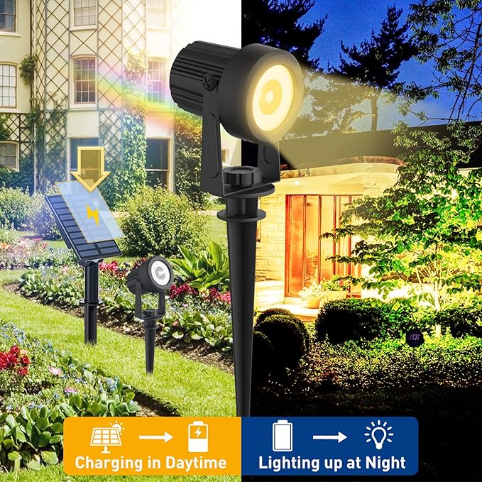 T-SUNUS Halloween Solar Landscape Spotlights 2 Pack Warm White, IP65 Waterproof Spot Lights 9.8ft Cable, Outdoor 3000K Garden Light Separated Panel for Christmas Tree Flag Yard Driveway Walkway Pool