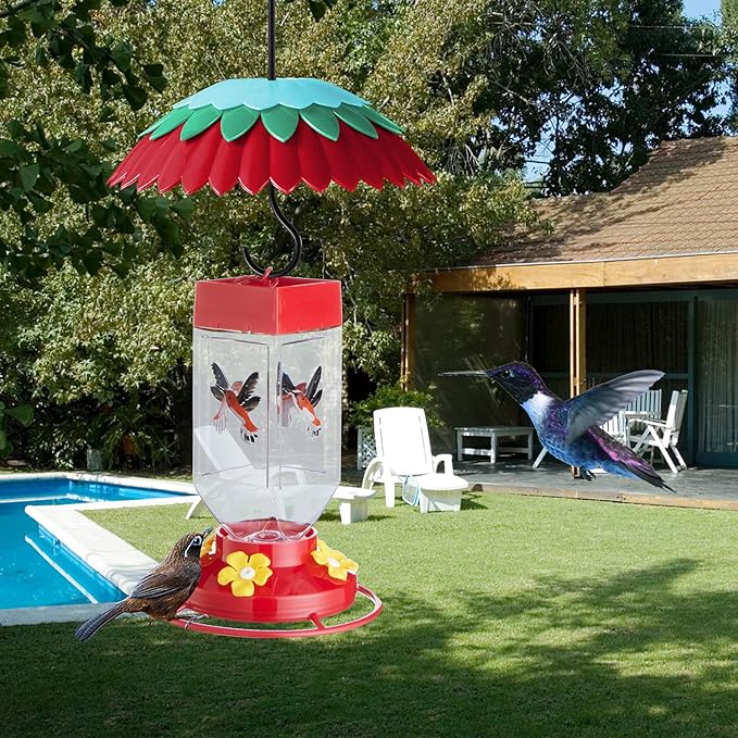 8" Bird Feeder Dome with Ant Moat, Skaithee 8" Bird Feeder Baffle with Ant Guard & Shepherd Hooks, Attract Hummingbirds & Anti Sun/Rain/Snow/Ants (Red 8 inches 20cm)