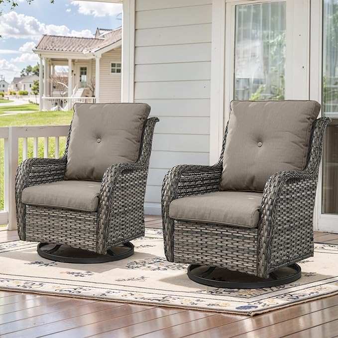 Outdoor Swivel Rcoker Patio Chairs - Outdoor Swivel Patio Chairs Set of 2 Wicker Chair Patio Furniture Sets with Covered Cushion for Porch Deck Balcony Garden, Gray