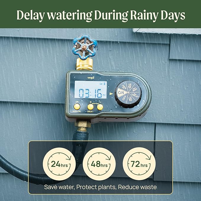 Vego Sprinkler Timer with Brass Inlet- Watering Timer for Garden Hose with Rain Delay/Manual Watering/Automatic Irrigation System - Water Hose Timer for Yard Lawn