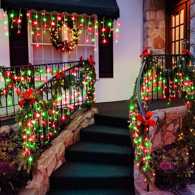 66ft Icicle Lights for Outside, Red and Green Christmas Lights Outdoor Indoor, 640 LED Twinkle String Lights with 120 Drops, Clear Wire Short Curtain Lights for Thanksgiving Room Home Wall Bedroom