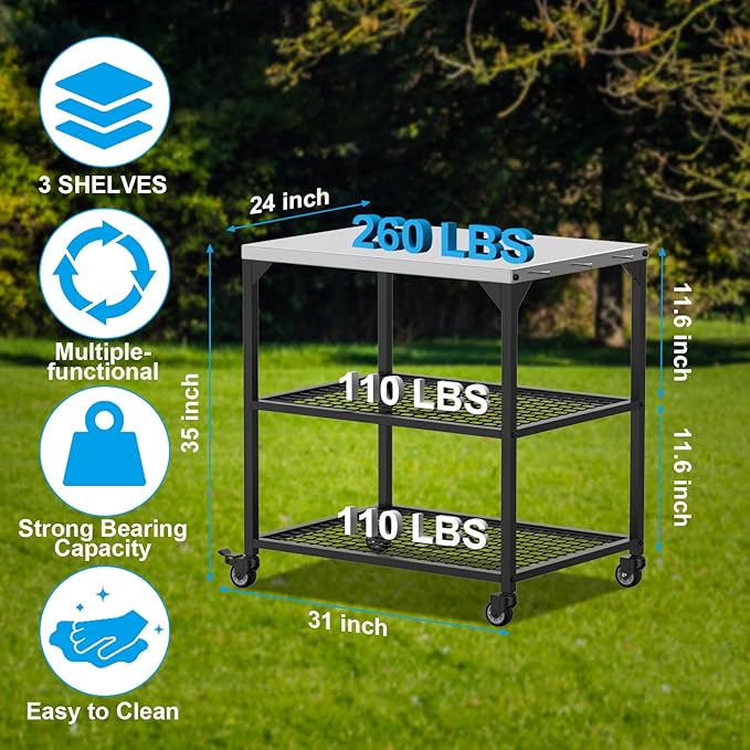 LS'BABQ Pizza Oven Table Cart for Ooni, Ninja Woodfire, Blackstone Grill Stand, Outdoor Grill Cart with Wheels, Stainless Steel Rolling Trolley Kitchen Cooking Food Prep and Work Cart Table with Cover