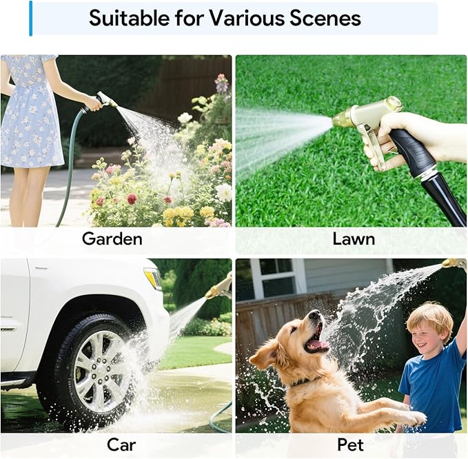 Garden Hose Nozzle Heavy Duty, Metal Hose Sprayer Nozzle with High Pressure, Adjustable Spray Patterns, 3/4" Thread, Suit for Lawn Care, Watering Plants, Car, Pet, Outdoor