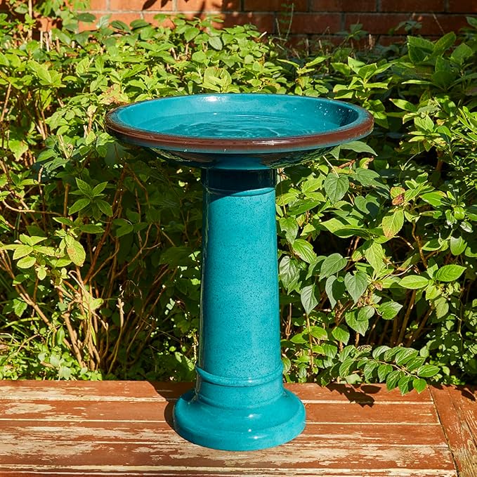 Glitzhome 21.5" H Plastic Turquoise Faux Ceramic Bird Bath for Outside, Hand-Painted Tall Pedestal Birdbath in Weather Resistant for Outdoor Patio Garden Backyard Decking