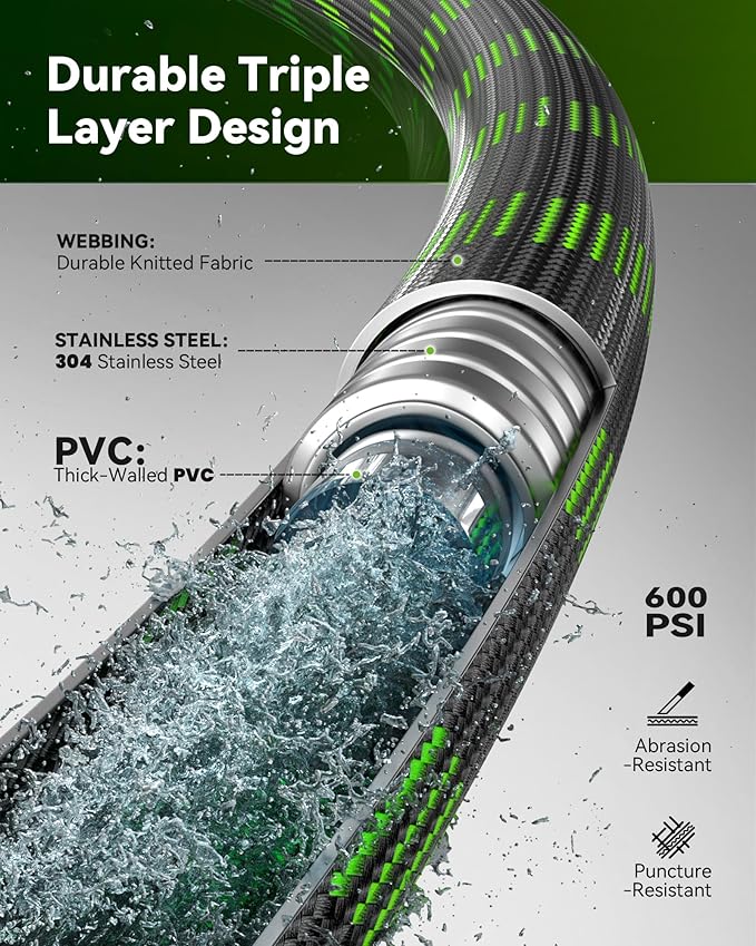 RAINPOINT Metal Garden Hose 25 ft - No-kink 304 Steel Water Hose with 10 mode Nozzle - Brass Connection, Swivel Handle, Flexible Hose,Lightweight, Puncture