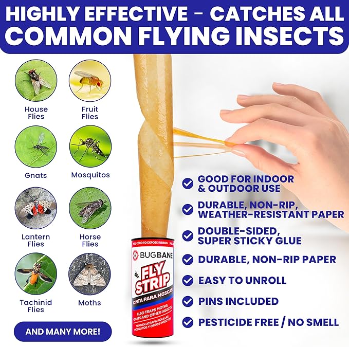 Fly Strips Indoor Sticky Hanging 24pk with Pins. Non Toxic Outdoor Fly Trap Indoor for Home. Flies Tape Paper Trap Ribbon Roll for House Gnat Fruit and Housefly. Bug Catchers for Inside Home Flypaper