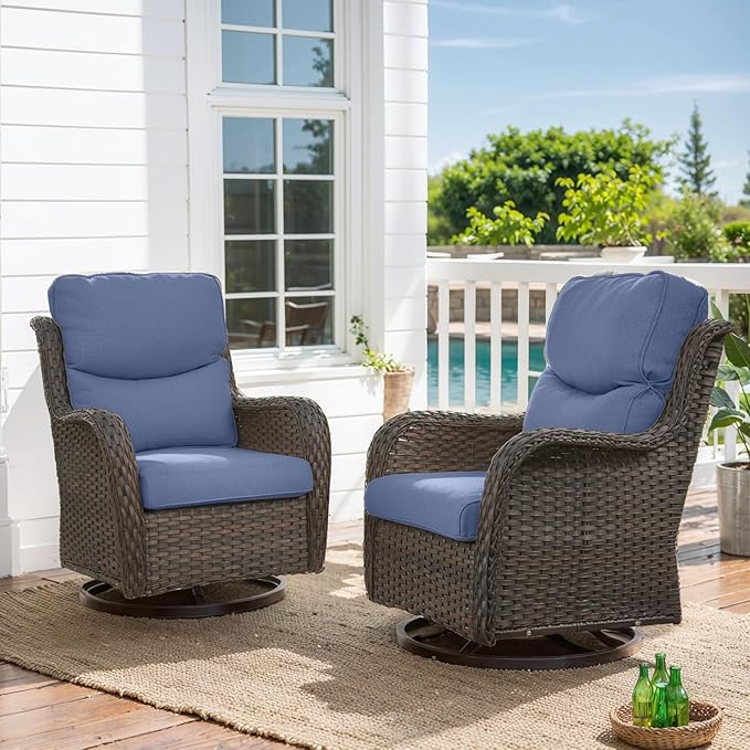 HUMMUH High Back Outdoor Swivel Rocker Patio Chairs Set of 2 with 5-Inch Thick Cushions, All-Weather Wicker Patio Furniture for Porch,Poolside, Deck, and Yard