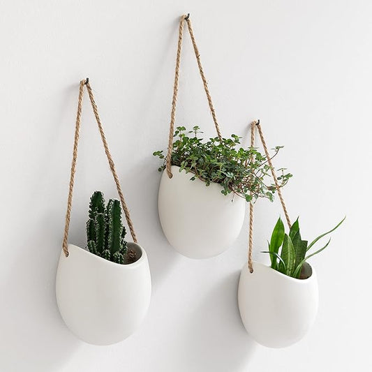 Wall Planters -Ellie- | Hanging Ceramic Plant Pots 3 Pieces | Wall Decoration for Indoors, Balcony and Garden | White (Matte)