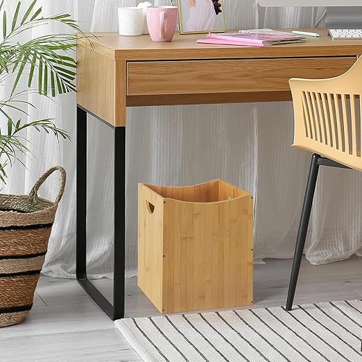 Trash Can Rectangular 5 Gallon Bamboo Waste Basket with Handles, Farmhouse Wastebaskets for Bathroom Office Trash Cans Square Bedroom Garbage Can Recycling Bin for Living Room Kitchen Under Counter