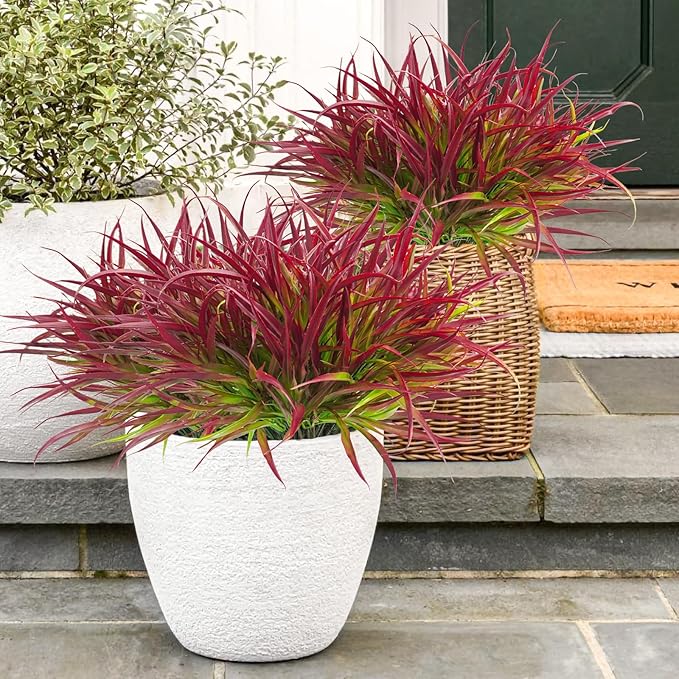 Uieke 28 Bundles Artificial Outdoor Plants UV Resistant Fake Grass Plants Faux Plastic Plants Greenery Shrubs for Home Garden Pathway Window Box Front Porch Summer Fall Decor, Deep Red